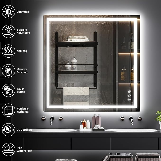 36"x 36" Bathroom Mirror for Over Sink, Anti-Fog LED Bathroom Mirror with Lights, Memory 3 Colors Modes & Dimmable Bathroom Vanity Mirror
