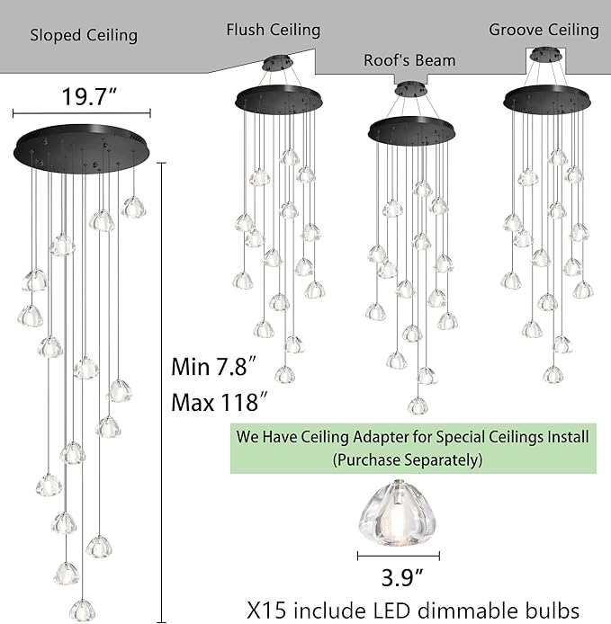 LED Glam Chandelier 118 inches Long Light Luxury Crystal Ceiling Chandeliers Remote Dimmable High Ceiling Pendants Lighting Fixtures Black 15 Lights