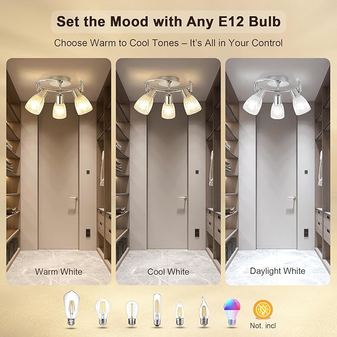 HiBay 3-Light Ceiling Light Fixture, Directional Modern Chrome Track Lighting w/Glass Shades, Flush Mount Ceiling Spotlight Indoor for Kitchen, Bedroom, Living Room, E12 Base, No Bulbs