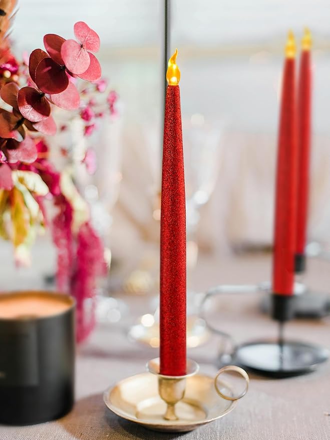 FURORA LIGHTING Red LED Taper Candles, Window Candles, Candle Lights, Long Candles, Battery Powered Candles, Electric Candles Window Lights with 6 Hour Timer Function - Red 11.5", Pack of 2