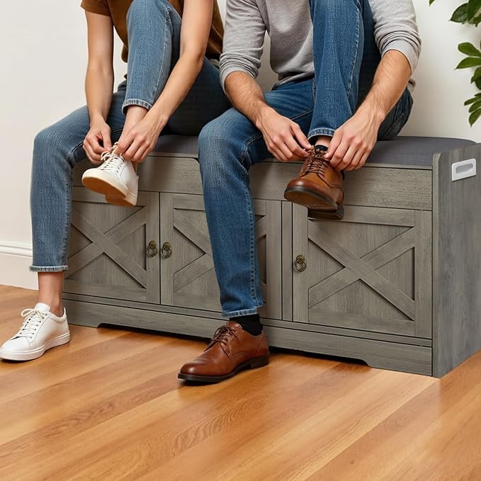 Farmhouse Shoe Storage Bench with Cushion Seat, 3-Tier Entryway Bench with Lift Top Storage and Adjustable Shelf, Bench for Hallway, Bedroom, Grey