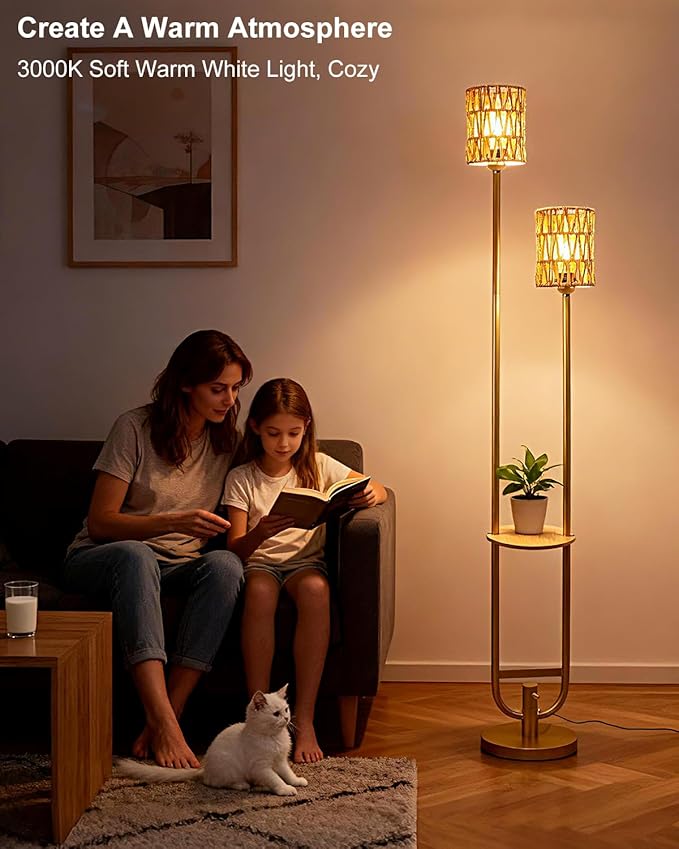 Lightdot 63IN Gold Floor Lamp with Table& Rattan Shades Mid Century Standing Lamps with Warm White Bulbs Included, Unique Vintage Tall Floor Lamp for Living Room/Wedding/Party/Sofa Beside/Corner Decor