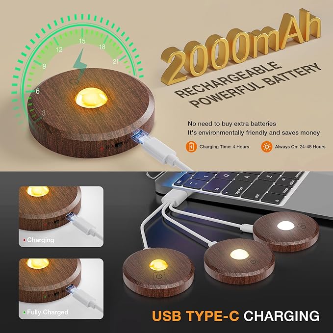 Puck Lights With Remote Control - Rechargeable, Wireless Under Cabinet Lighting, 2000mAh Battery Operated Tap Push Touch Light, Stick On for Counter, Shelf, Bookcase (Wood Color, 3 Pcs)