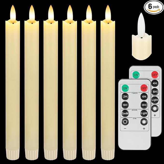 Real Wax Flameless Taper Candles with Remote Timer,Battery Operated LED Candles Set with 3D Flickering Flame,9.6" Ivory Realistic Dripless Candlesticks for Wedding Home Decor,6 Pack