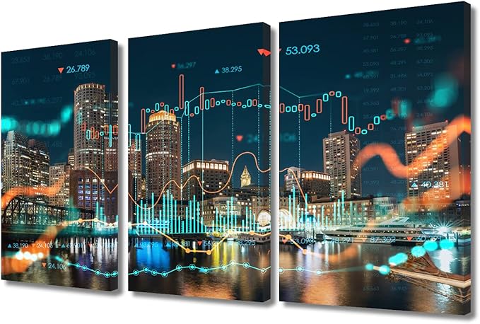 TUMOVO Concept of International Trading Art Home Decor Posters and Prints Glowing Forex Hraph Hologram Paintings Wall Art for Living Room 3 Pieces Rustic Home Decor Ready to Hang (36" Wx24 H)