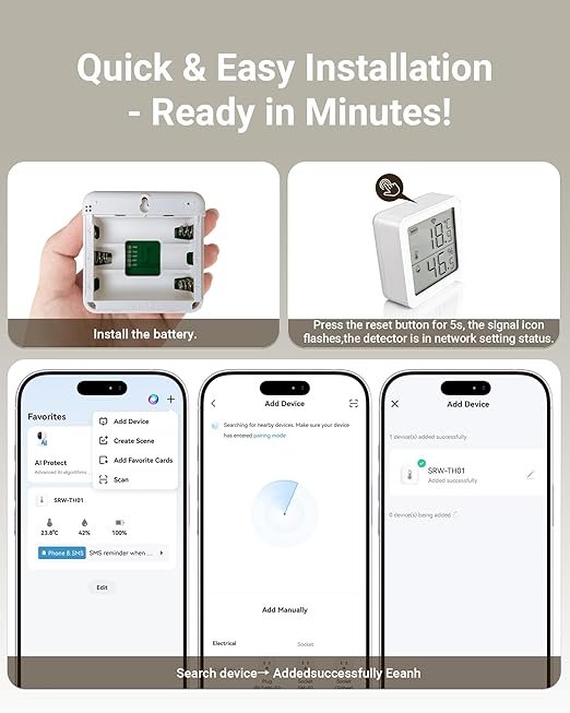 Smart WiFi Thermometer Hygrometer, Indoor Temp Humidity Monitor with Large LCD, No Gateway, Direct Phone Alerts, Free Data Storage, Ultra-Low Power, Tuya App Compatible for Home Garage Greenhouse