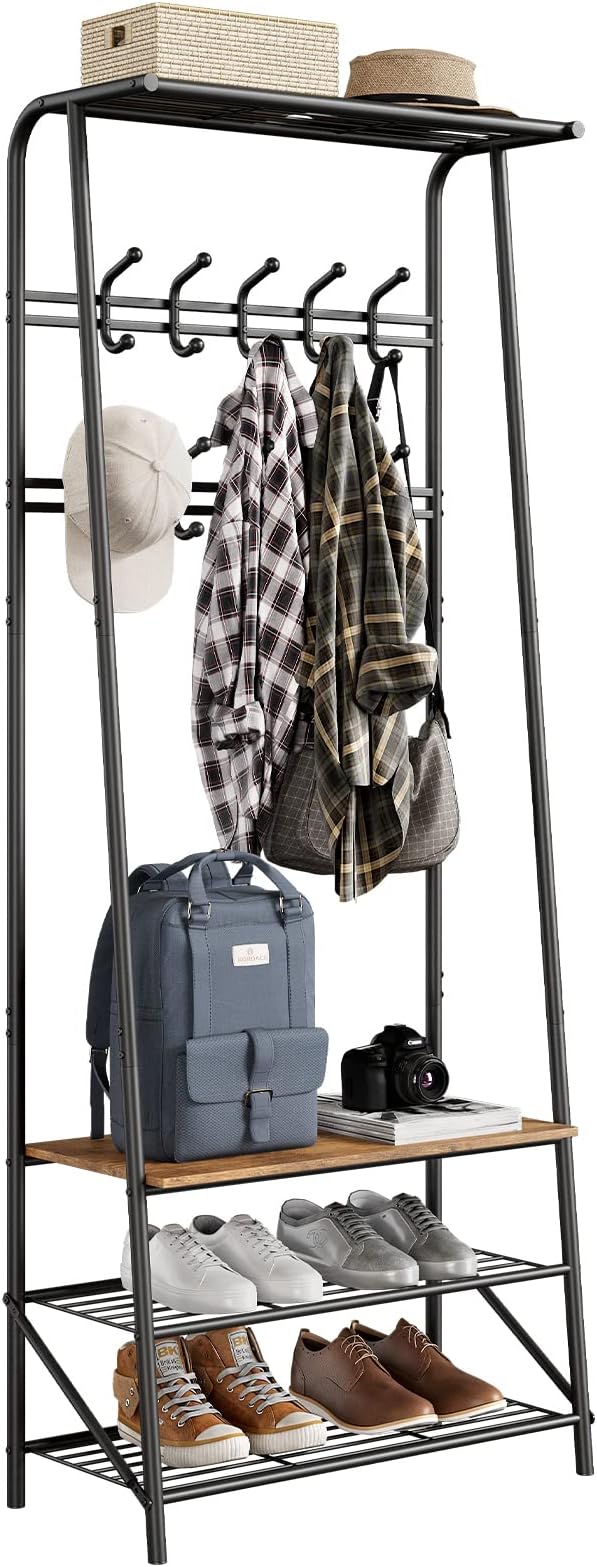 4-in-1 Hall Tree with Shoe Storage Bench & 10 Hooks – Freestanding Entryway Coat Rack, Double Row Hooks, Metal Frame, Rustic Brown Wood – Living Room, Bedroom, Foyer – 60cm Width