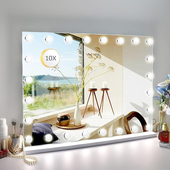 31.5"x 23.6" Vanity Mirror Makeup Mirror with Lights,10X Large Hollywood Lighted Vanity Mirror with 24 Dimmable LED Bulbs,3 Color Modes,Touch Control for Bedroom,Wall-Mounted,White
