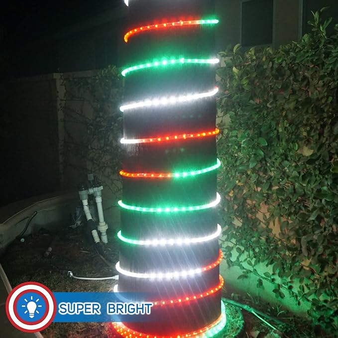 Russell Decor 100ft/30m LED Rope Lights Indoor Outdoor Decorative Lighting for Party Trees Patio Deck Flexible String Lights-Red White Green
