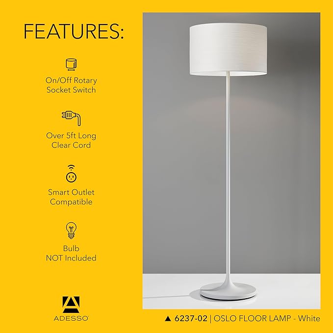 Adesso Floor Lamp with Scratch Proof and Corrosion Resistant Body - Perfect Lighting for Bedroom, Living Room and Corner Decor, Matte White