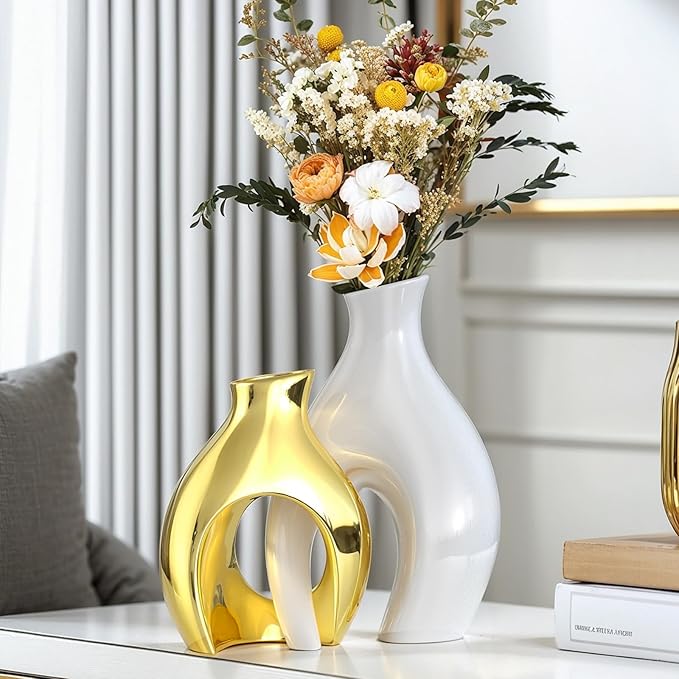 White Gold Modern Abstract Ceramic Vases for Home Decor,Nordic Snuggle Hollow Design for Flowers Pampas Grass Decorative,for Living Room Coffee Table Centerpiece,Entrance,Console (White Gold)
