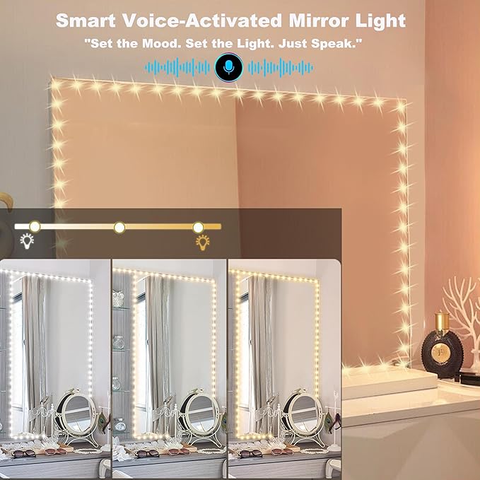 13ft/4M Voice-Activated Led Vanity Mirror Lights Kit Bendable NO Need to Cut Vanity Make-up Mirror Cloakroom Adjustable Flexible Strip Light Table Set with Dimmer Power