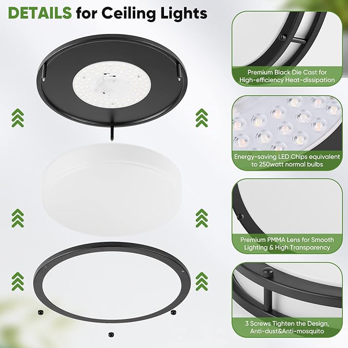 TOBUSA 36W 3600lm Super Bright LED Ceiling Light Fixtures, Modern Black Flush Mount LED Lights Daylight White 5000K, 13 Inch Dimmable Ceiling Lamps for Kitchen Bathroom Hallway Bedroom, 2 Packs