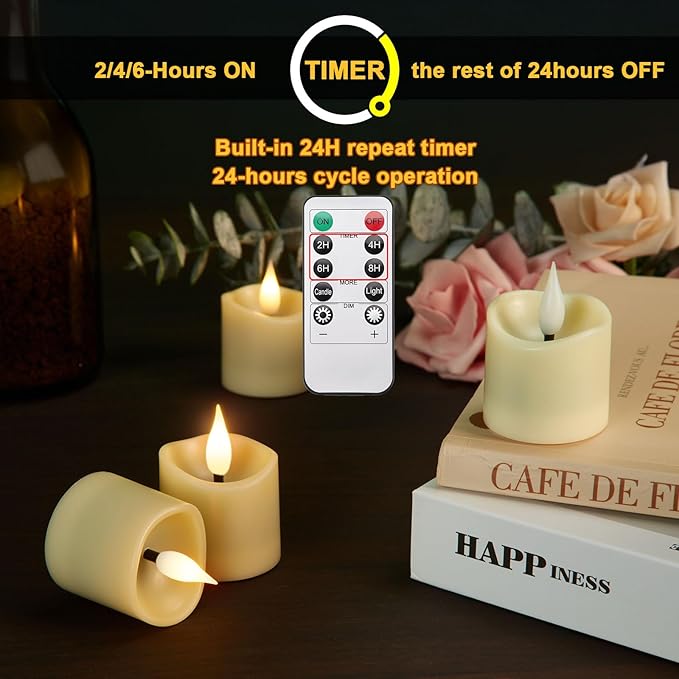 IMAGE 12-Pack Rechargeable Tea Lights Candles with Timer & Remote, Realistic 3D Flickering LED Votive Candles Realistic 3D Flickering LED Votive Candles Fall Wedding Table Centerpieces(2.1”x 1.5”)