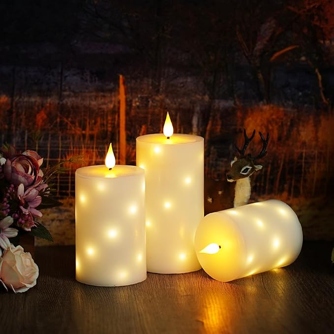Flameless Candles with Embedded Star String, Real Wax Battery Operated Candles with Remote Timer, Flickering Pillar LED Candle Set for Home Decor Romantic Ambiance （White）