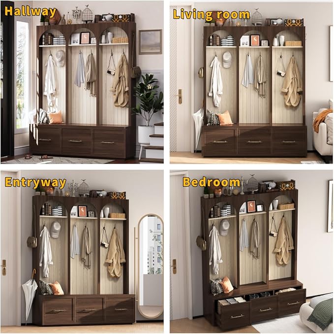 Bellemave Farmhouse Hall Tree with Bench and 3 Drawers, Entryway Bench with Coat Racks and Shoe Storage, 4 Hooks and Shelves (Walnut)