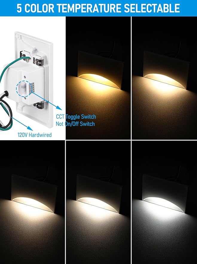 LEONLITE 12-Pack White 5CCT 120V LED Step Lights, 150LM 5%-100% Dimmable Stair Lights Indoor Outdoor IP65 Waterproof, Aluminum Anti-Glare Shell, CRI90 ETL 2700K/3000K/3500K/4000K/5000K