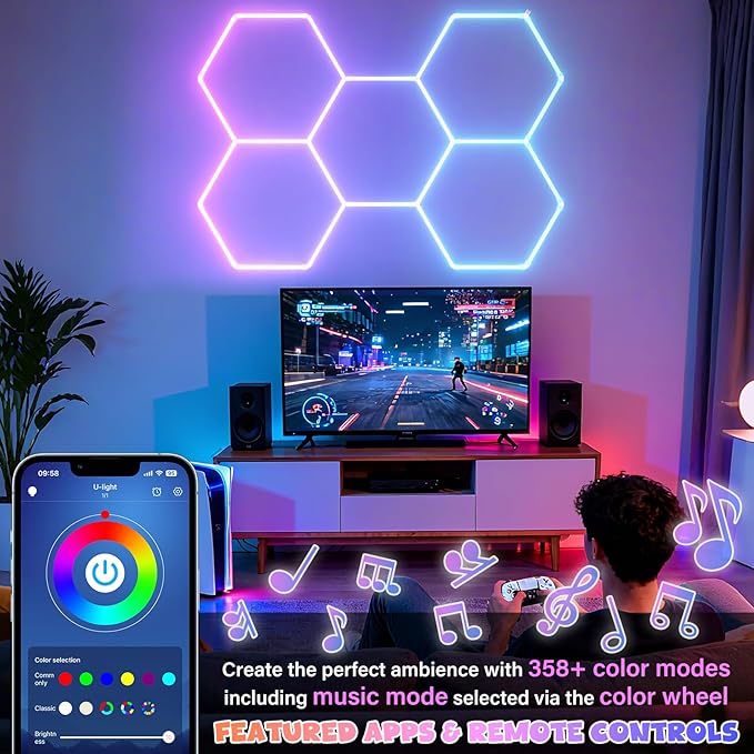 ALLYES Hexagon Garage Lights - RGB Hexagon Wall/Ceiling Lights with Music Sync Dimmable & Speed Adjustable Modes, App & Remote Control, Multi-Scene Honeycomb Light for Gaming Room, Bar, Party, Gym