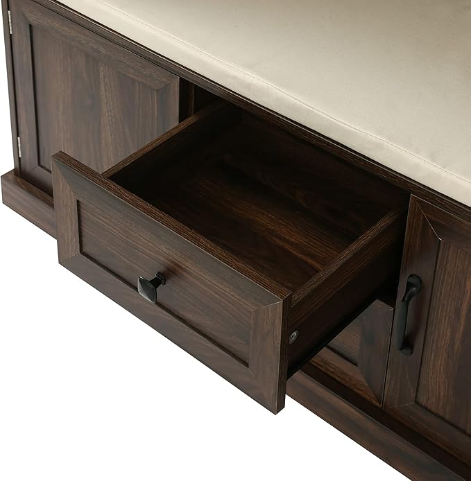 RUNNA Wooden 3-in-1 Hall Tree with 2 Cabinet and 2 Drawers,3 Open Shelves and 3 Hooks,Coat Hanger and Storage Bench,for Livingroom Hallway Entryway Use (Tiger@Hanger)