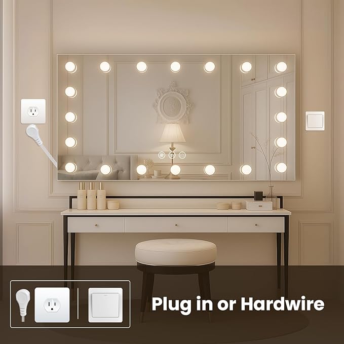 WTTY LED Bathroom Mirror with Lights 60"x36" Hollywood Wall-Mounted Mirror with 3 Color Temperatures, Stepless Dimmable Bulbs, Anti-Fog & Shatter-Proof