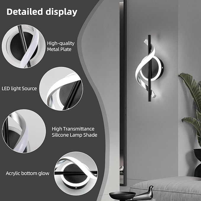 Wall Sconces Sets of 2, 12W LED Wall Mount Lights, Modern Spiral Wall Lamp, 6000K Cold Modern Light Fixture for Stairs, Living Room, Bedroom, Aisle, Hallway