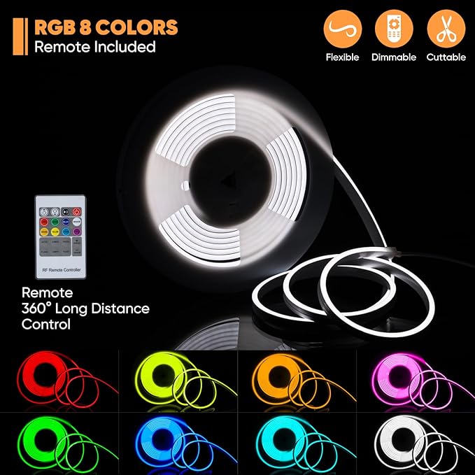 Shine Decor 12V LED RGB Neon Rope Lights Dimmable, 16.4FT Silicone Strip Lighting Remote Control, Flexible Hardwired LED Neon Light Color Changing for Custom Signage Bedroom Gaming Room Party