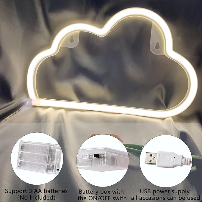 Cloud Neon Sign White Cloud Light Sign for Wall Decor,Battery or USB Powered Clouds Shaped LED Sign Decoration Lights for Bedroom Aesthetic Teen Girl Kid Room Christmas Birthday Wedding Party