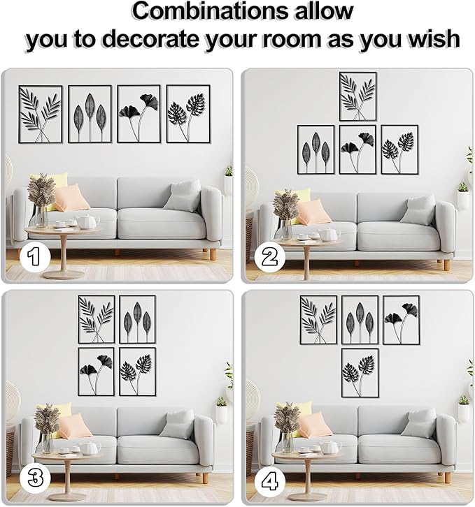 QXSXKJ Metal Wall Art, Black Frame Decor 4pack Modern Farmhouse Decor, 3d Metal Wall Ginkgo Art With Lamp for Living Room, Bedroom, Kitchen, Office (without light 17x12)