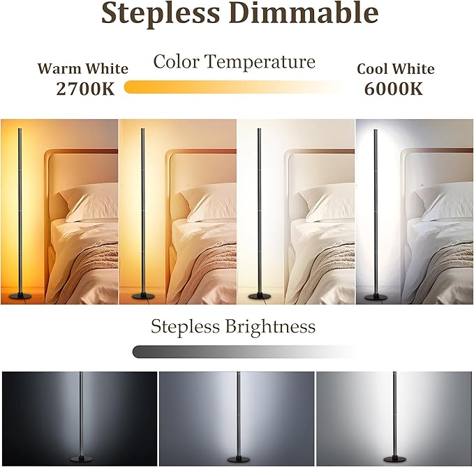 PMS 63“ Modern Metal Floor Lamp, Warm to White Color Changing Standing Lamp, Stepless Dimmable Brightness Corner Lamp with APP & Remote Control for Living Room, Bedroom, Office