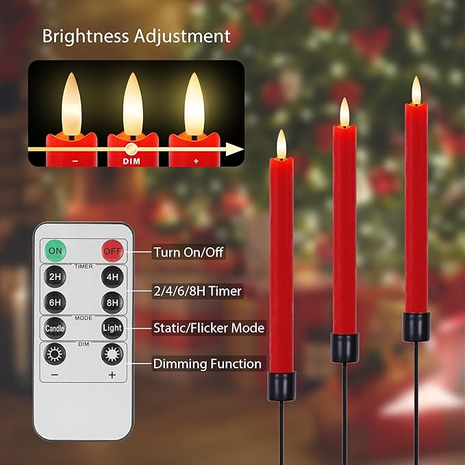 Red Flameless Taper Candles 9.6" Christmas LED Candles Real Wax with Remote Timer, Battery Operated LED Candles Set with 3D Flickering Flame, Classic Flickering Candlesticks for Home, Party, 6 Pack