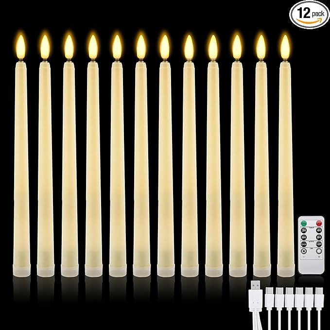 IMAGE Rechargeable Flameless Taper Candles with Remote, 12 Pcs LED Candlesticks 3D Wick Ivory Taper with Timer Flickering Function for Home, Wedding, Birthday Halloween Christmas Church, Warm White