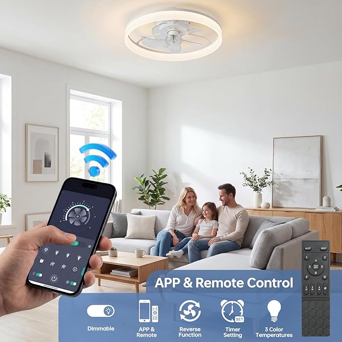 20'' Ceiling Fan with Light,Low Profile Flush Ceiling Fan, 6 Speeds, Dimmable LED, Remote Control, Quiet DC Motor, Bladeless Flush Mount Fixtures for Bedroom, Living Room,DM104-B White