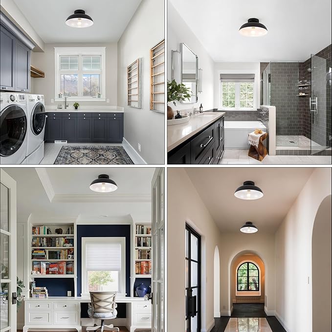 Black Semi Flush Mount Ceiling Lights, Industrial Ceiling Light 12 Inch Close to Ceiling Light Fixtures for Bedroom Entryway Kitchen Hallway Porch Foyer Bathroom Laundry Barn