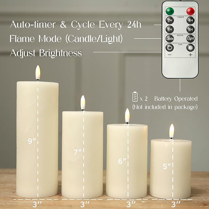 Flameless Candles, 4 Pack Battery Operated Candles with Remote, Real Wax LED Fake Candles with Timer Flickering for Christmas Wedding Home Party D3 H 5" 6" 7" 9" Ivory