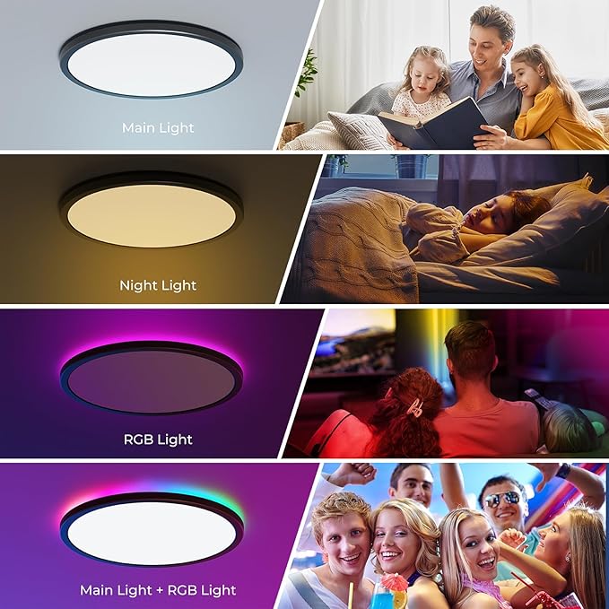 RGB Flush Mount LED Ceiling Light with Remote, 12 Inch Ceiling Light Fixture with Color Changing Backlight, 3000K-6500K Dimmable, 24W for Bedroom Kids Room Black