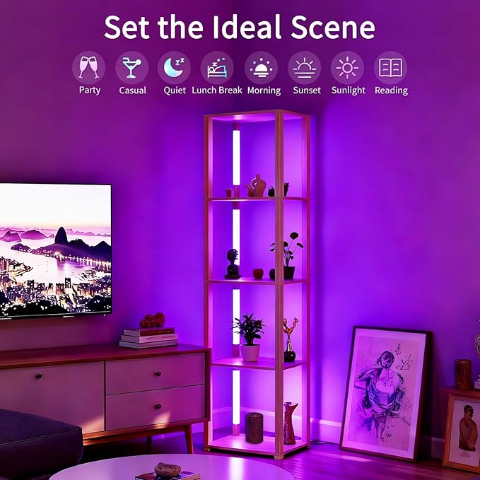 RGBCW Floor Lamp with Shelves, Smart Modern Floor Lamp with Music Sync, LED Color Changing Corner Display Shelf Lamp, Tall Lamps for Living Room and Bedroom, Bookshelf Lamp