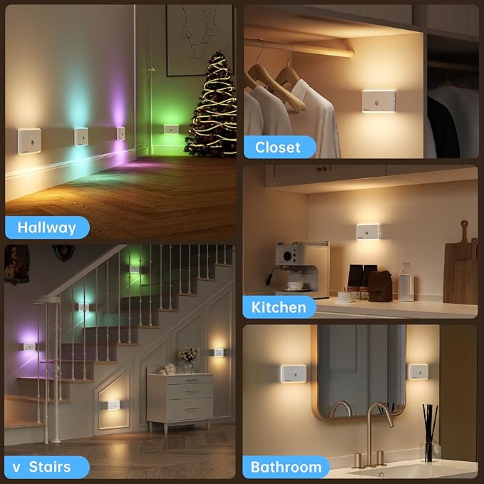 6 Pack Motion Sensor Night Light,Rechargeable Stair Lights, Motion Sensor Light Indoor, Battery Operated Night Light for Hallway, Stairway, Bathroom, Bedroom, Kitchen