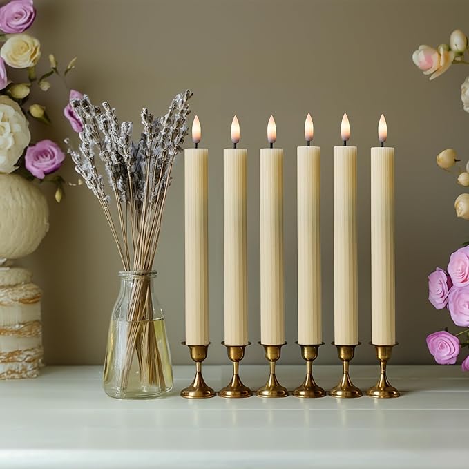 6 Pack, 10" LED Flameless Ivory Fluted Ribbed Grooved Taper Candles, Remote & 24h Timer Memory, On/Off Button, Dimmable, Flicker Mode, Battery Operated, Christmas Menorah Wedding