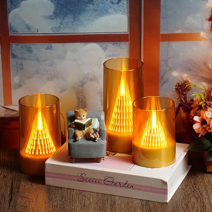 Eebus LED Flameless Candles with Remote - Battery Operated,Fake Candles for Home Décor Tapered Glowing Pillar Candle Lights Add a Warm and Romantic Atmosphere Set of 3 (D 3"×H 4" 5" 6") (Gold)