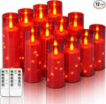 Homemory 12Pcs Flameless Candles with Star String Fairy Lights, Flickering Battery Operated Candles, LED Fake Candles with Remote and Timer, Christmas, Weddings, Home Decor, Red