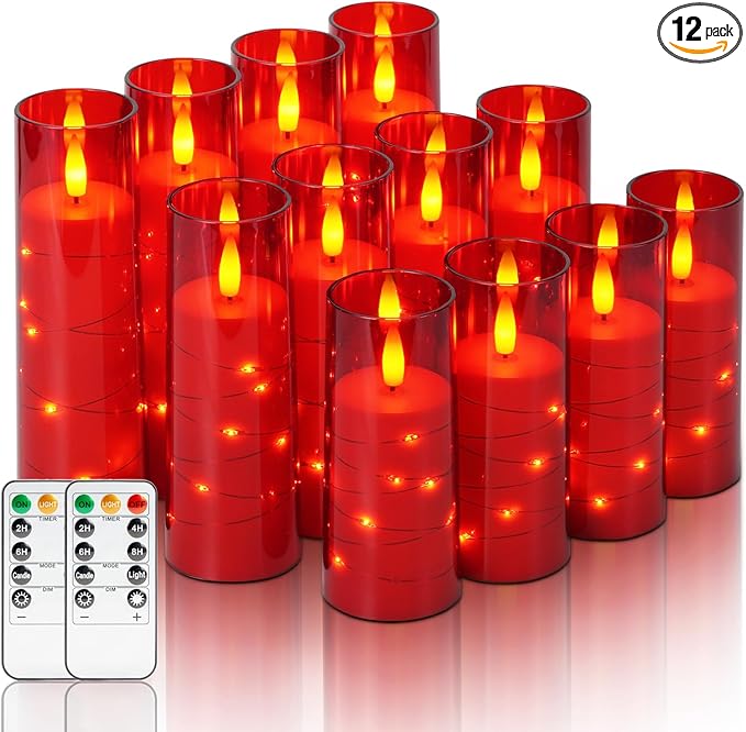 Homemory 12Pcs Flameless Candles with Star String Fairy Lights, Flickering Battery Operated Candles, LED Fake Candles with Remote and Timer, Christmas, Weddings, Home Decor, Red
