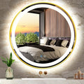 24 Inch Gold Frame LED Round Mirror with Lights Smart Memory 3 Color Dimmable Anti-Fog Gold Framed Round Lighted Mirrors for Bathroom Wall Makeup Golden Circle Round Vanity Mirror with Light