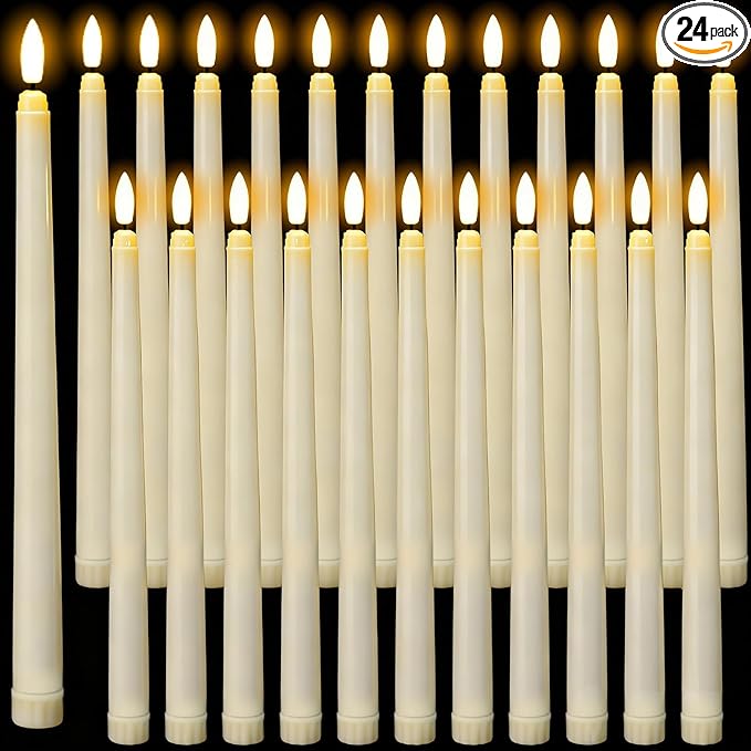Wondise 24 Pack Flameless Taper Candles, No Remote, Realistic Flickering Battery Operated Candlesticks, Ivory LED Plastic Candles Safe for Weddings, Table Decor, Christmas and Halloween Decoration