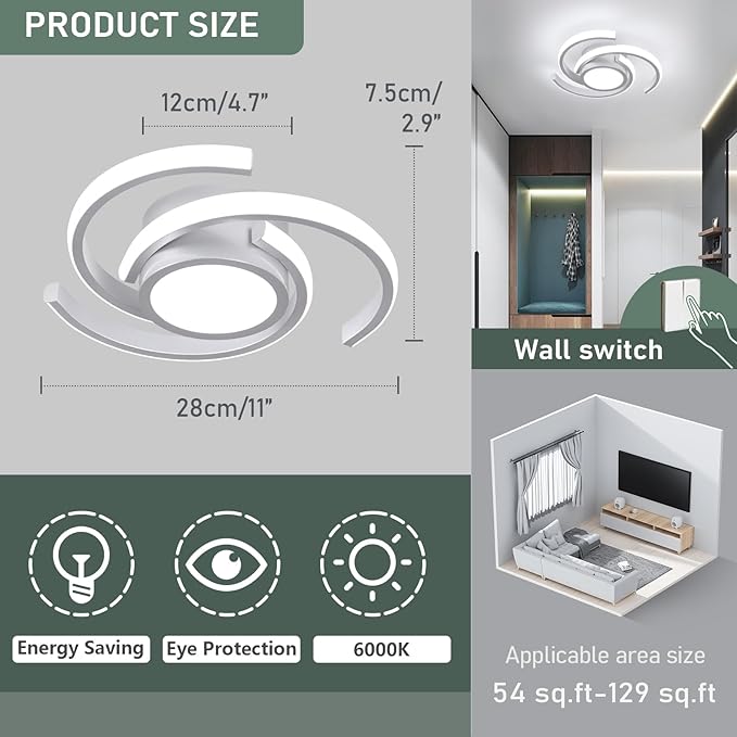 ADISUN LED Modern Ceiling Light, 6000K Semi Flush Mount Ceiling Light Fixture, Unique Ceiling Lamp for Living Room Bedroom Corridor Aisle Hallway, 2 Pack, Silver
