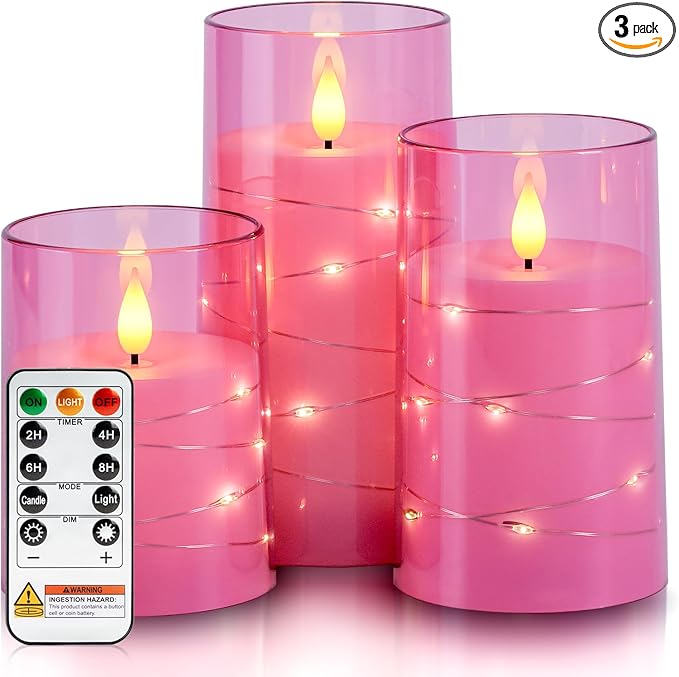 Homemory Flameless Candles with Embedded Star String Fairy Lights, Battery Operated Candles, LED Candle, Fake Candles with Remote Control and Timer, Pink, Set of 3(H 4" 5" 6”)