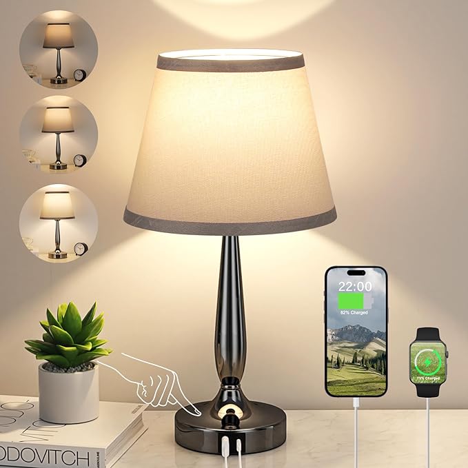 Kakanuo Touch Table Lamp for Bedroom, Small Bedside Lamp with USB C Charging Port, 3 Way Dimmable Touch Control Nightstand Lamp for Living Room and Office, LED Bulb Included