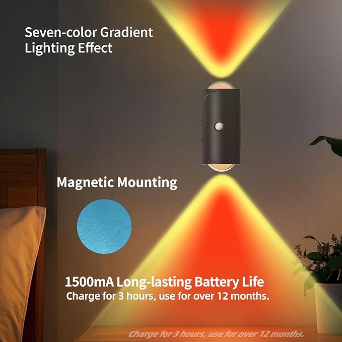 LED Wireless Wall Sconce with 7 Colors Changing, Motion Sensor Light Indoor, 1500mAh Rechargeable Battery Operated Wall Sconces for Bedroom Bedside Hallway Courtyard Doorway (Black)