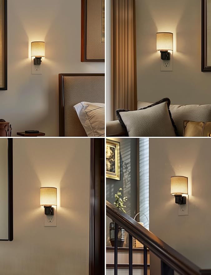 L LOHAS LED Night Lights Plug into Wall, Plug in Night Light Dimmable 100LM, Farmhouse Decorative Nightlights Plug in Wall, Light Sensor, Soft Linen Fabric Nightlight Warm for Bedroom Hallway, 2 Pack