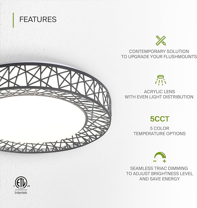 ASD 16 Inch LED Flush Mount Ceiling Light Fixture for Bedroom, 28W 1752LM 5CCT 2700K-5000K, Triac Dimmable Lights, Dining, Living Room, Kitchen Lamps, Modern Home Lighting Fixtures, Black, ETL