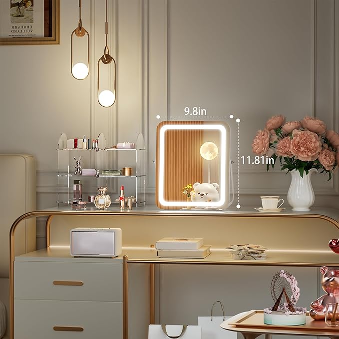 Hasipu Vanity Mirror with Lights, 10" x 12" LED Makeup Mirror, 3 Modes Light, Smart Touch Control Dimmable, 360°Rotation, Rectangle White Frame